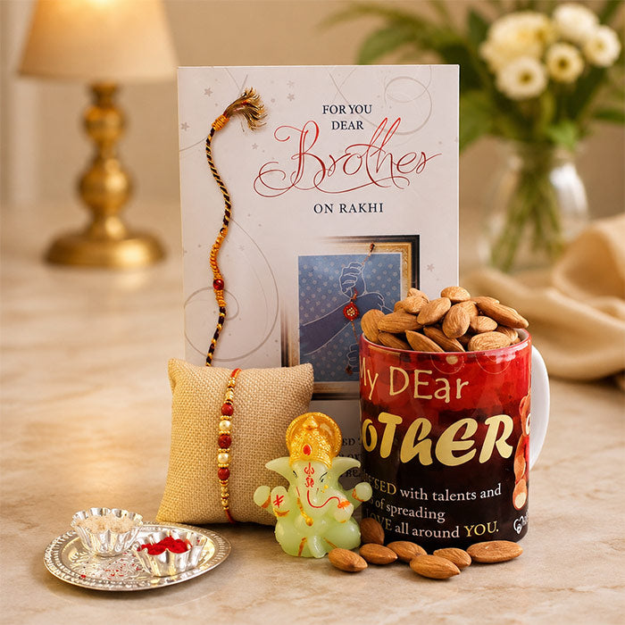 Brother Coffee Mug with Rudraksha Rakhi & Almond Gift Set