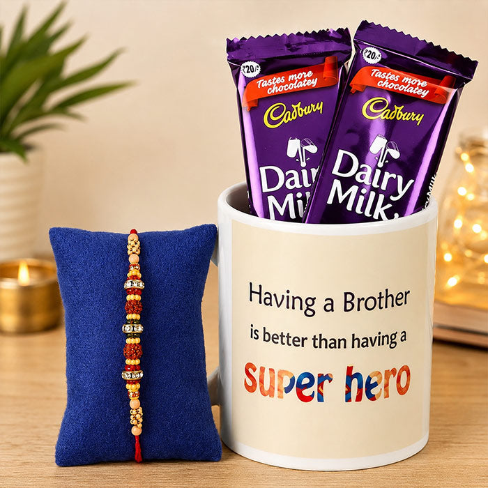Brother Quote Coffee Mug with Rakhi & 2 Cadbury Dairy Milk Chocolates
