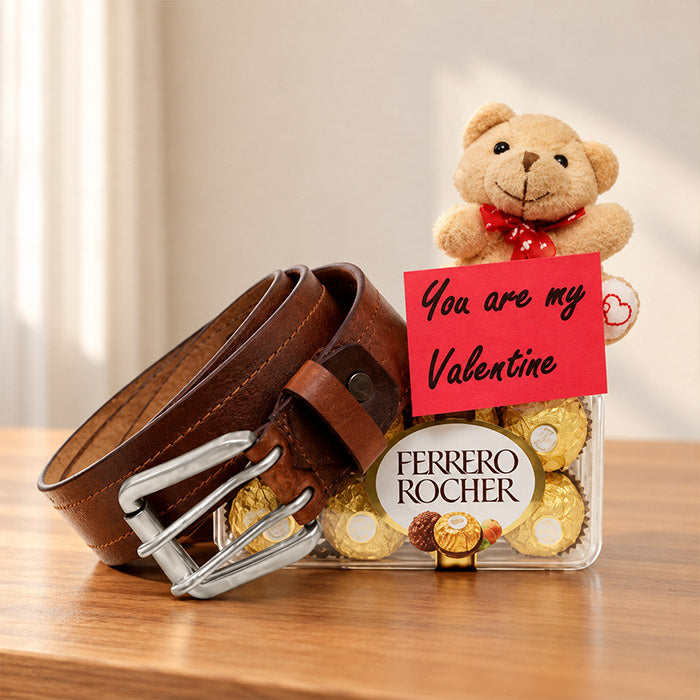 Brown Leather Belt with 300g Ferrero Rocher Chocolates & Teddy