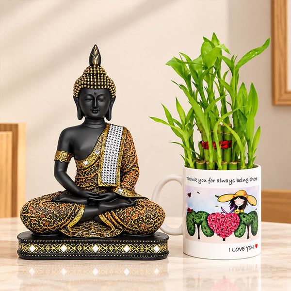 Buddha Idol with 2 Layer Lucky Bamboo & Mom Printed Mug Gift Set