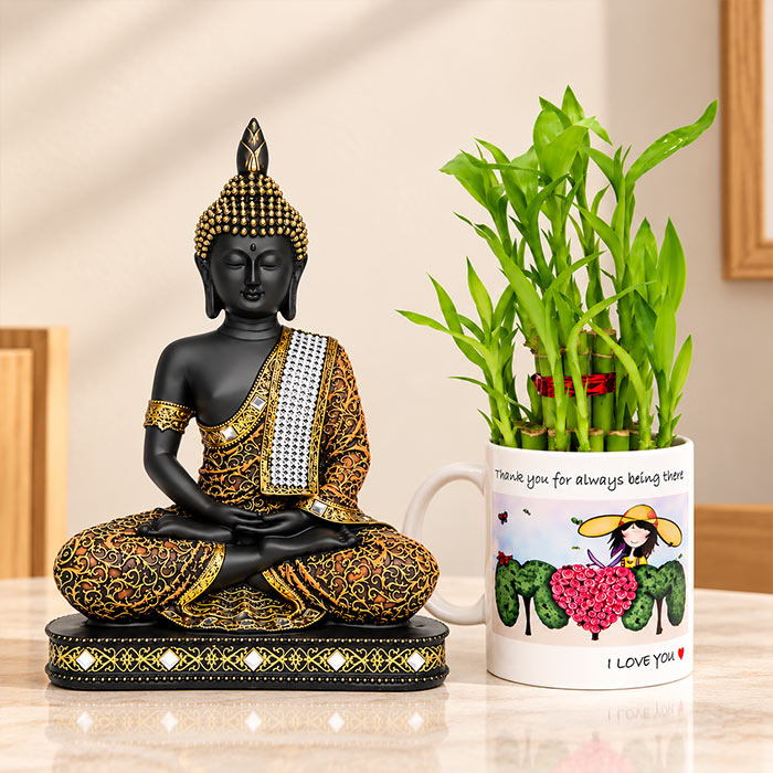 Buddha Idol with 2 Layer Lucky Bamboo & Mom Printed Mug Gift Set