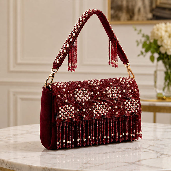 Burgundy Pearl Cascade Embellished Velvet Shoulder Bag - Anniversary Gift in Mohali
