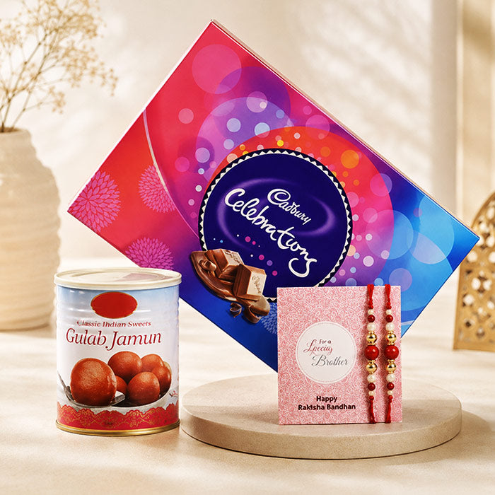 Cadbury Celebrations with 1 Kg Gulab Jamun & Two Designer Rakhis