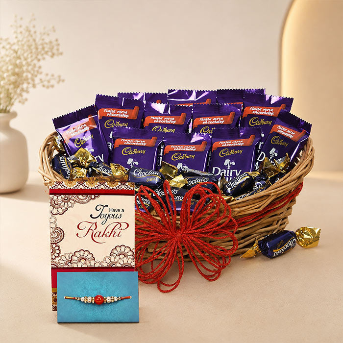 Cadbury Dairy Milk Chocolate Basket with Rakhi & Greeting Card