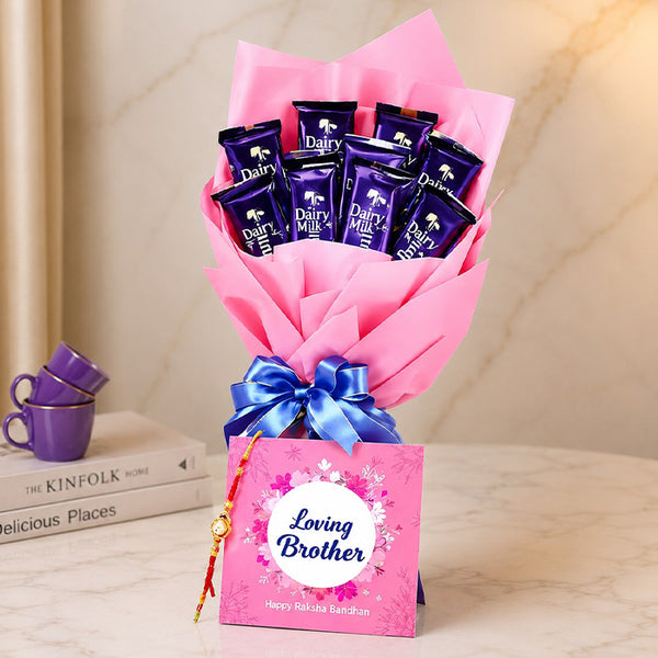 Cadbury Dairy Milk Chocolate Bouquet with 10 Mini Chocolates & Rakhi