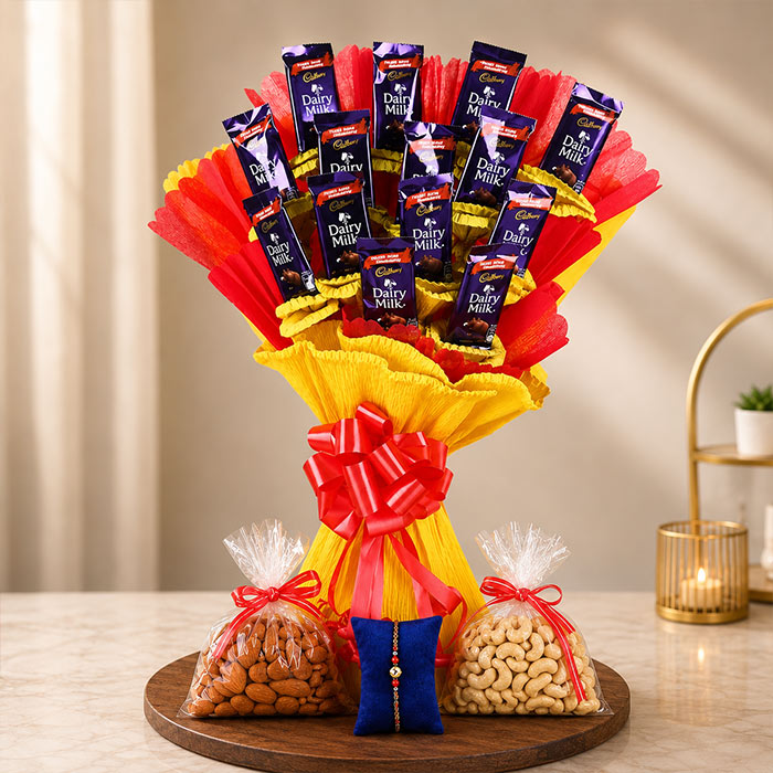 Cadbury Dairy Milk Chocolate Bouquet with Almonds, Cashews & Rakhi