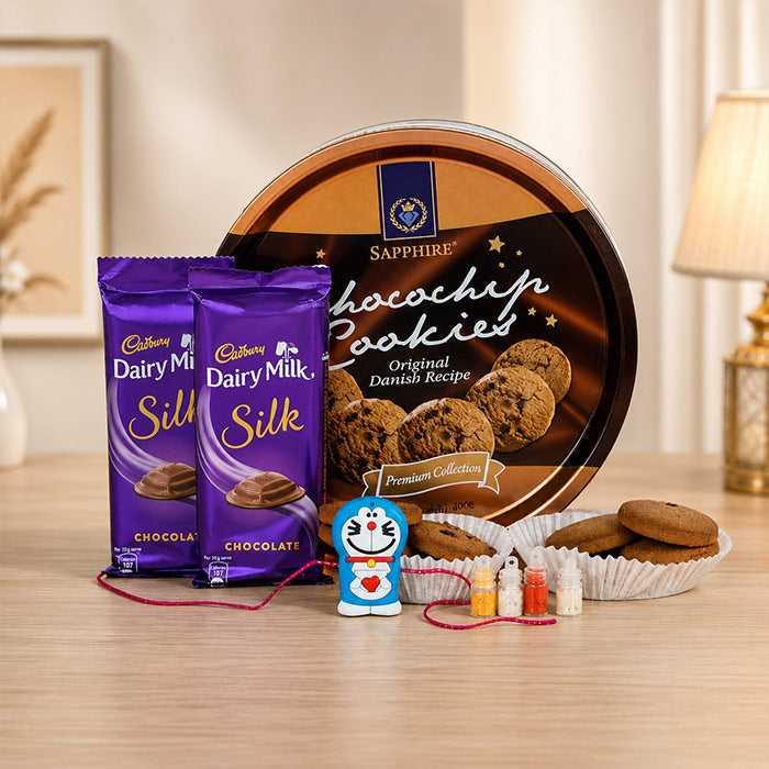 Cadbury Dairy Milk Silk Chocolates with Sapphire Chocochip Cookies & Doremon Rakhi