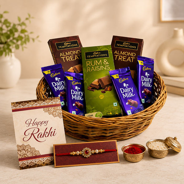 Cadbury Temptations Chocolate Basket with Rakhi & Dairy Milk Chocolates