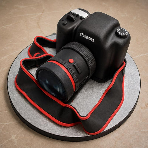 Canon camera cake with red accents on a gray cake board