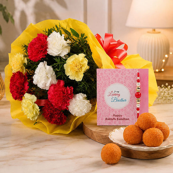 Carnation Bouquet with Rakhi and Moti Choor Laddoo 250g