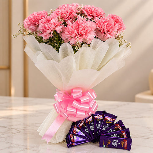 Carnations Bouquet with 12 Baby Pink Flowers & 10 Cadbury Chocolates