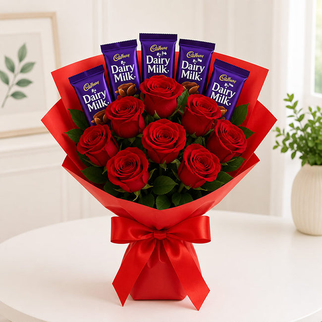 Red Roses Bouquet with 5 Cadbury Dairy Milk Chocolates