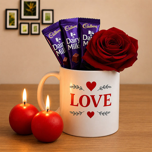 Chocolate Rose Printed Mug Gift Set with Red Candles