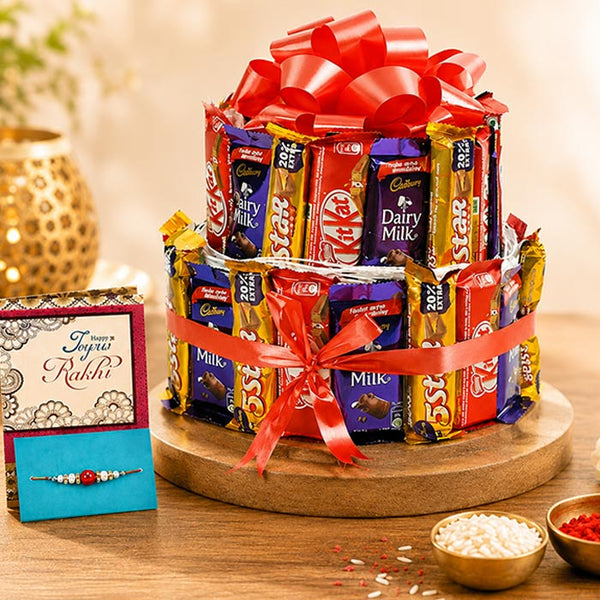 Chocolate Tower Gift with Dairy Milk, KitKat, Five Star & Rakhi