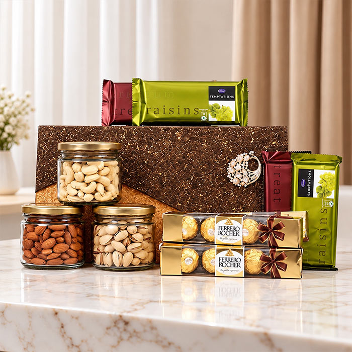 Chocolate & Dry Fruit Hamper with Temptation & Ferrero Rocher