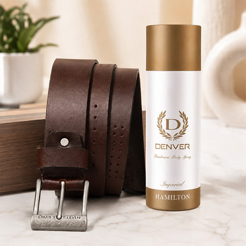 Denver Hamilton Imperial Deodorant Body Spray with Premium Brown Leather Belt Gift Combo