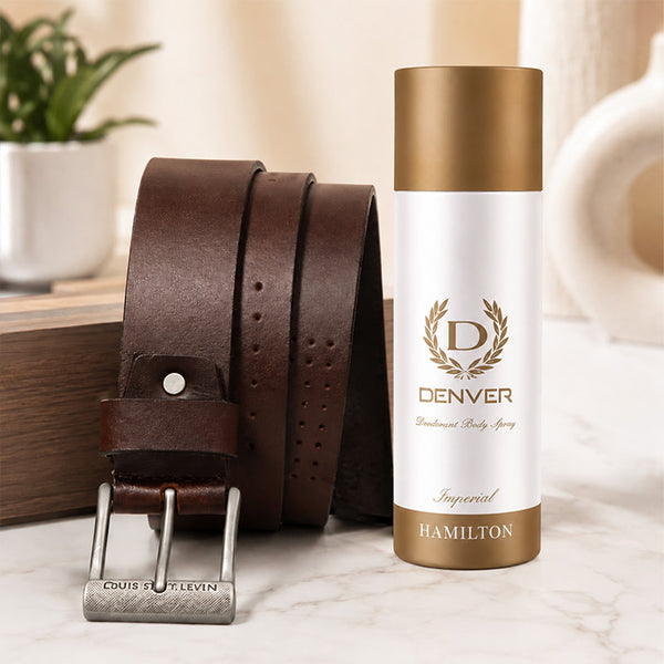 Denver Hamilton Imperial Deodorant Body Spray with Premium Brown Leather Belt Gift Combo