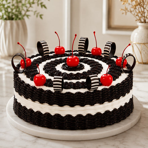 Two-tiered black and white cake with red cherries on a marble surface.