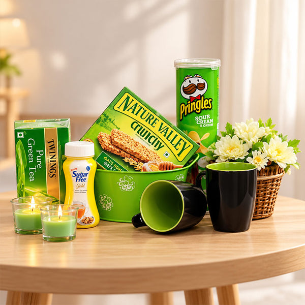 Coffee Mug Gift Set with Snacks Candles & Flower Arrangement