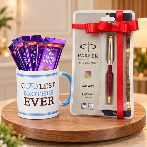 Coffee Mug with Parker Pen & 5 Dairy Milk Chocolates for Brother