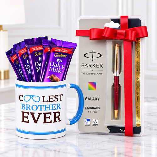 Coffee Mug with Parker Pen & 5 Dairy Milk Chocolates for Brother