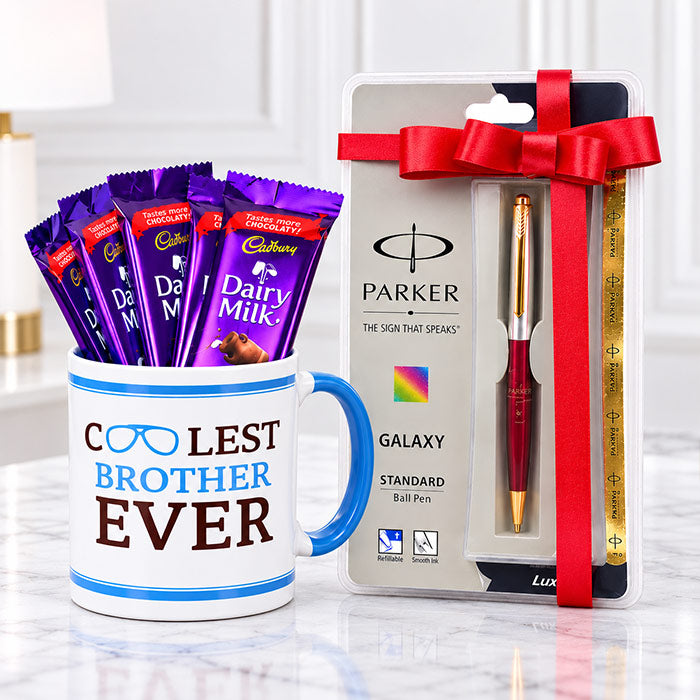 Coffee Mug with Parker Pen & 5 Dairy Milk Chocolates for Brother