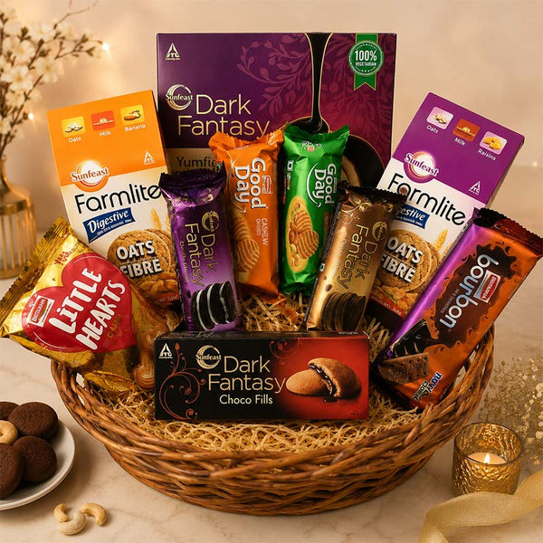 Basket of assorted snacks and candies on a decorative background