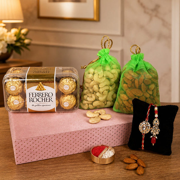 Couple Rakhi And Ferrero Rocher With Dry Fruits