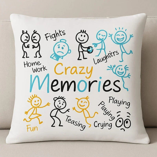 White cushion with colorful doodles and words like crazy memories, fights, laughter, fun, and teasing.