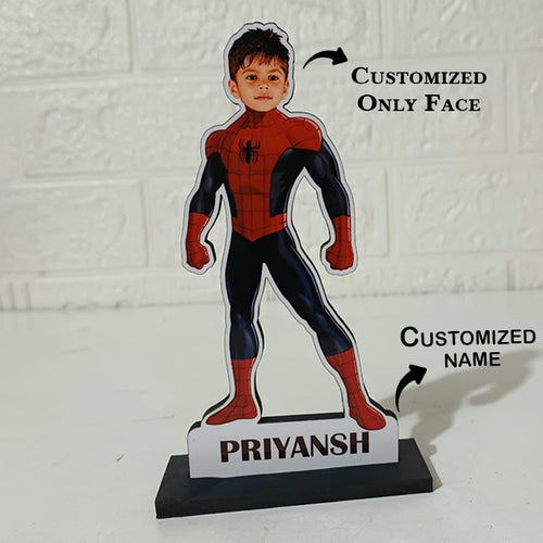 Cardboard cutout of a superhero figure with 'Priyansh' on a white background