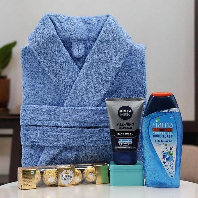 Blue Bathrobe Grooming Hamper with Nivea Face Wash & Ferrero Rocher - Cosmetics for Men Gift for Men