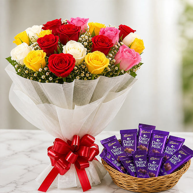 20 Mixed Roses with 10 Dairy Milk Basket - Flower Delivery in GiftsGhaziabad