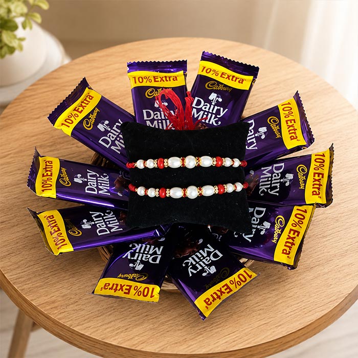 Dairy Milk Chocolate Rakhi Combo with 2 Designer Rakhis