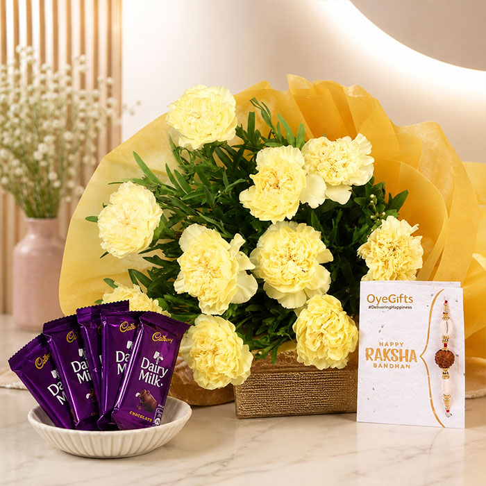 Dairy Milk Chocolate with Carnations Rakhi Combo