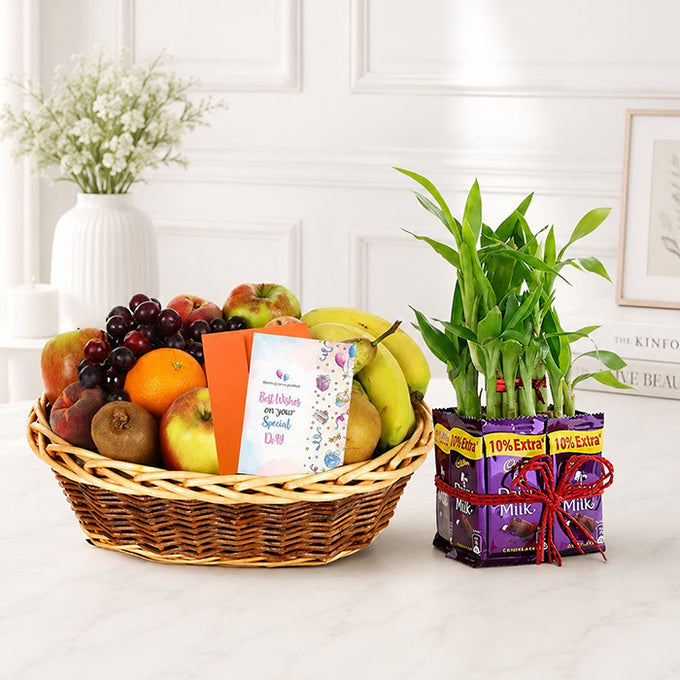 Dairy Milk Lucky Bamboo Hamper with Fruit Basket