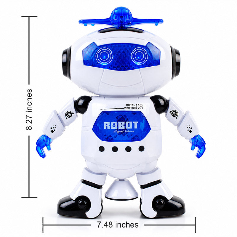 Toy robot with blue accents and dimensions indicated on a white background
