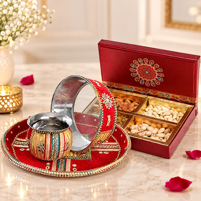 Decorated Karwa Chauth Thali Set with Channi, Karva & Dry Fruits