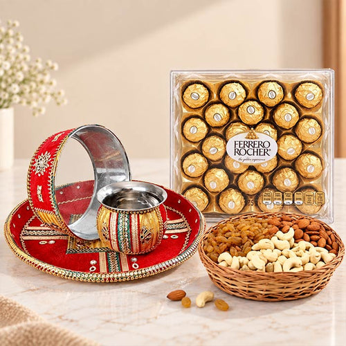 Decorated Karwa Chauth Thali Set with Ferrero Rocher & Dry Fruits