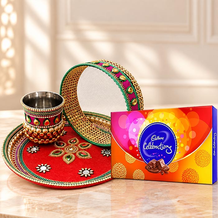 Decorative Karwa Chauth Thali Set with Channi, Karva & Cadbury Celebrations