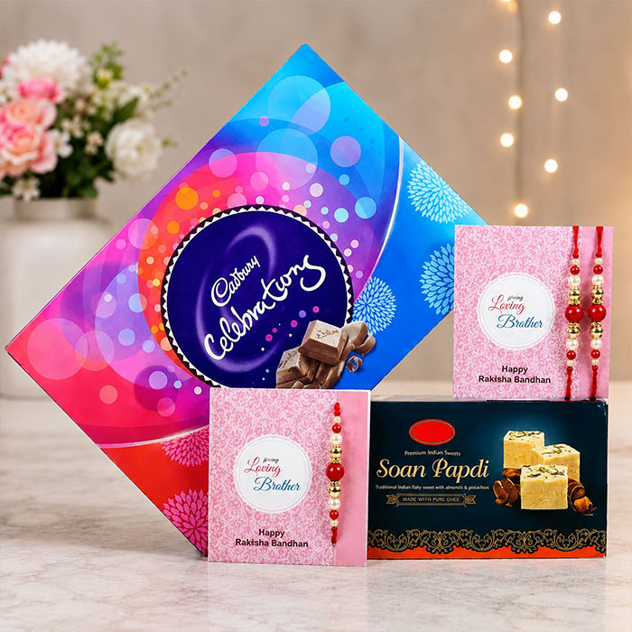 Designer Rakhi Trio with Cadbury Celebrations & Soan Papdi