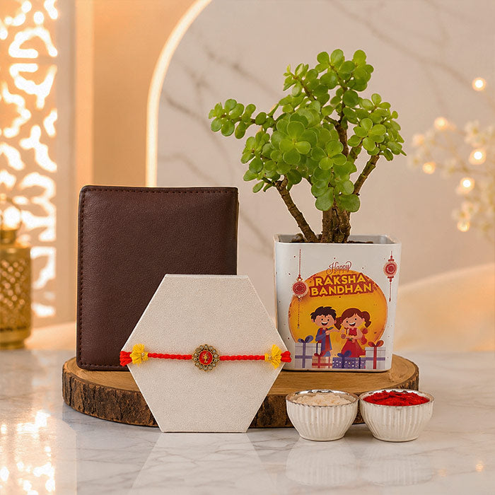 Designer Rakhi With Wallet N Jade Plant