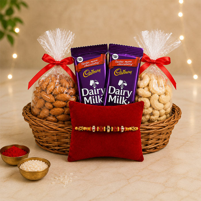 Designer Rakhi with Almonds, Cashews & Dairy Milk Gift Pack