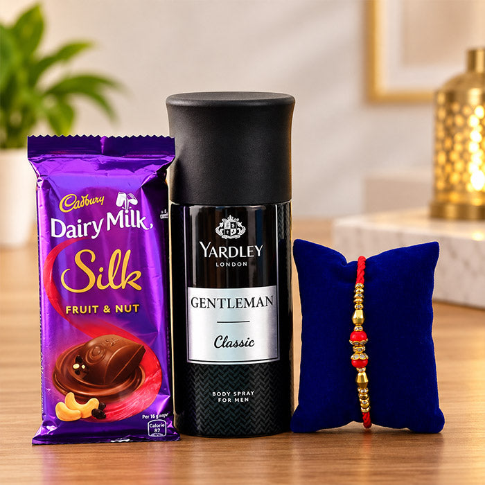 Designer Rakhi with Yardley Gentleman Deo & Dairy Milk Fruit and Nut