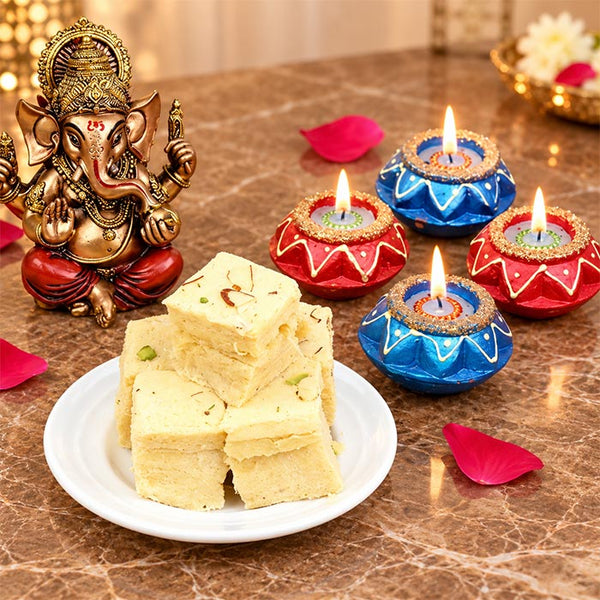 Diwali Diya Set with 250g Soan Papdi & Ganesha Idol
