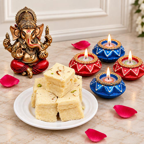 Diwali Diya Set with 250g Soan Papdi & Ganesha Idol