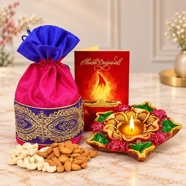 Diwali Dry Fruits Potli Hamper with Designer Diya