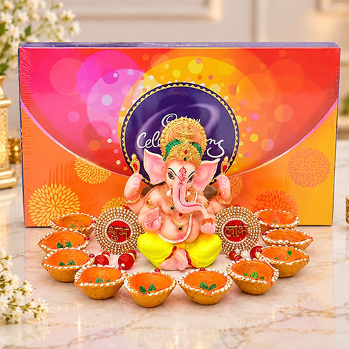 Diwali Hamper - Mukut Ganesh Idol, Diya, Cadbury Celebration with Diya Hampers