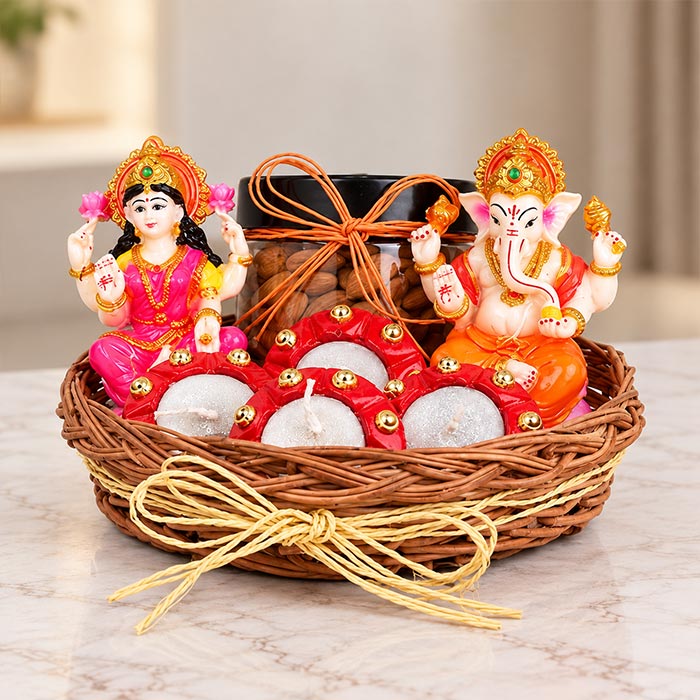 Diya Basket with Laxmi Ganesha & 100g Almonds