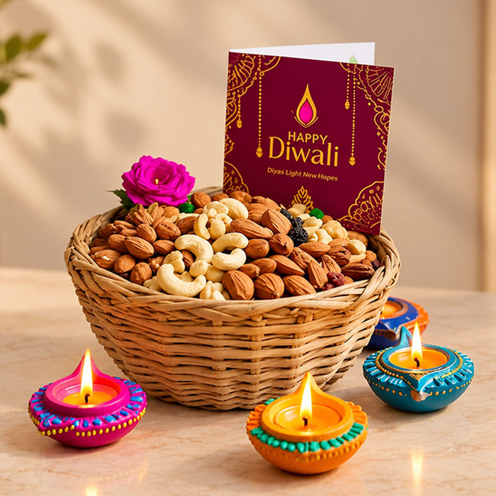 Dry Fruits Basket with Designer Diyas & Greeting Card