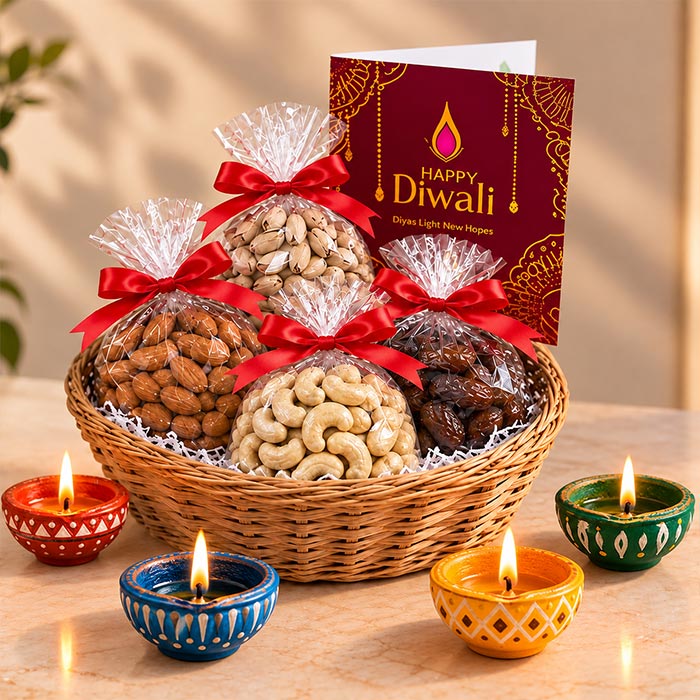 Dry Fruits Basket with Designer Diyas & Greeting Card